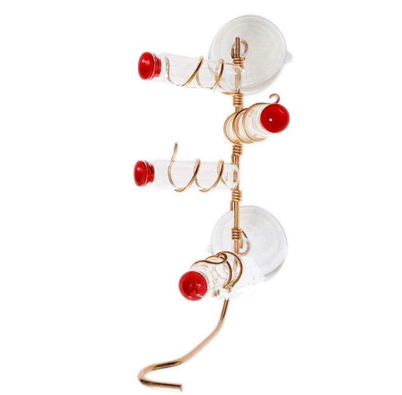 Garden Bird Feeder with multiple clear feeding tubes and red caps mounted on a metal frame