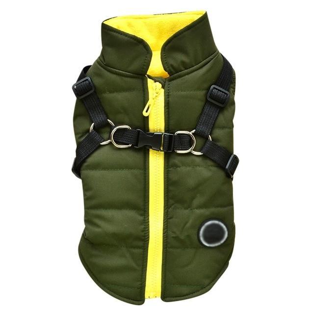 Green and yellow dog zipper jacket with black adjustable harness straps for pet comfort