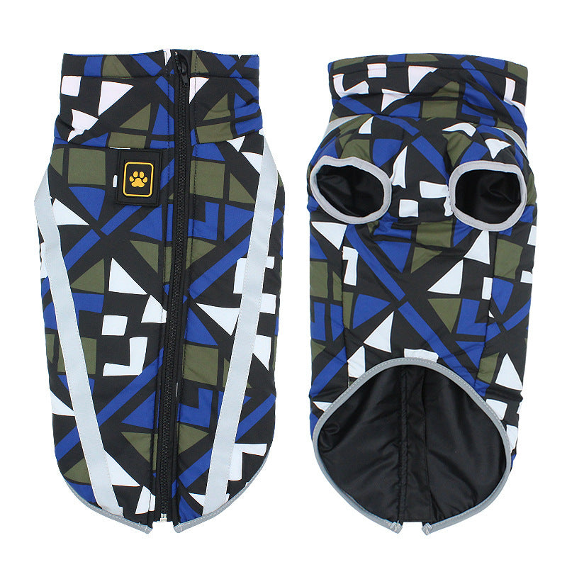 Blue green black geometric pattern mesh dog coat jacket with zipper and paw logo