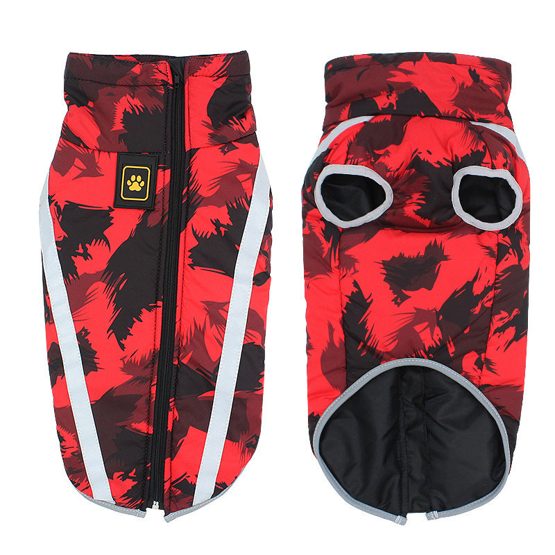 Red and black mesh dog coat jacket with reflective stripes and zipper closure for pet comfort