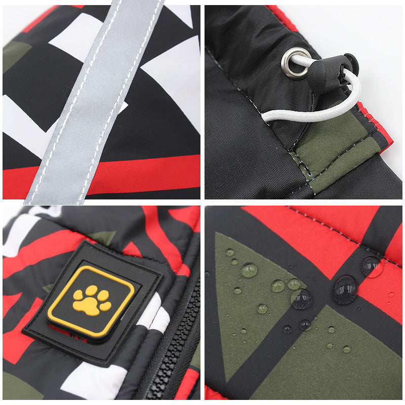 Close-up details of a mesh dog coat jacket showing reflective strip, adjustable drawstring, paw logo patch, and water-resistant fabric