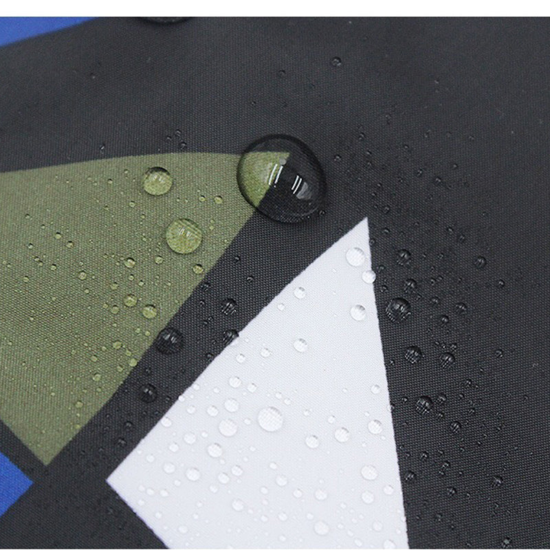 Close-up of water droplets on a colorful mesh dog coat jacket fabric showing water resistance