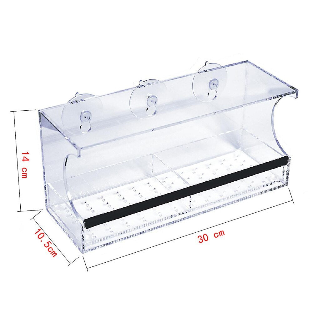 Clear plastic New Bird Pet Feeder with three suction cups and divided feeding compartments