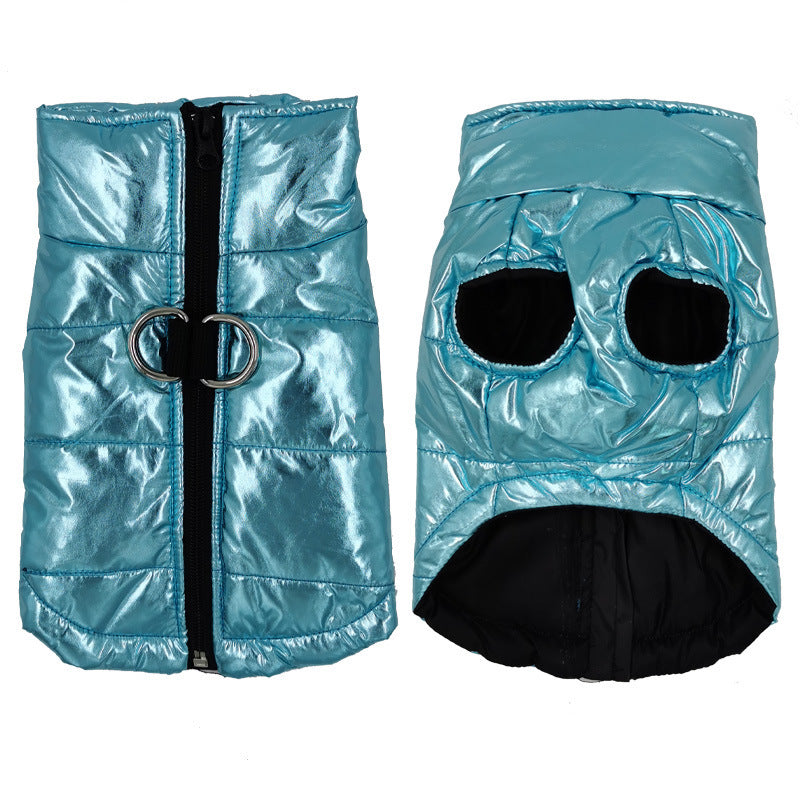 Metallic blue waterproof dog jacket shown front and back with zipper D rings and black fleece lining