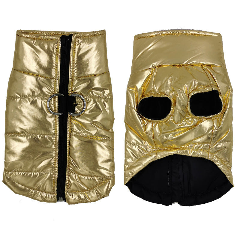 Gold metallic puffer waterproof dog jacket with front zipper and harness D ring and dual leg openings