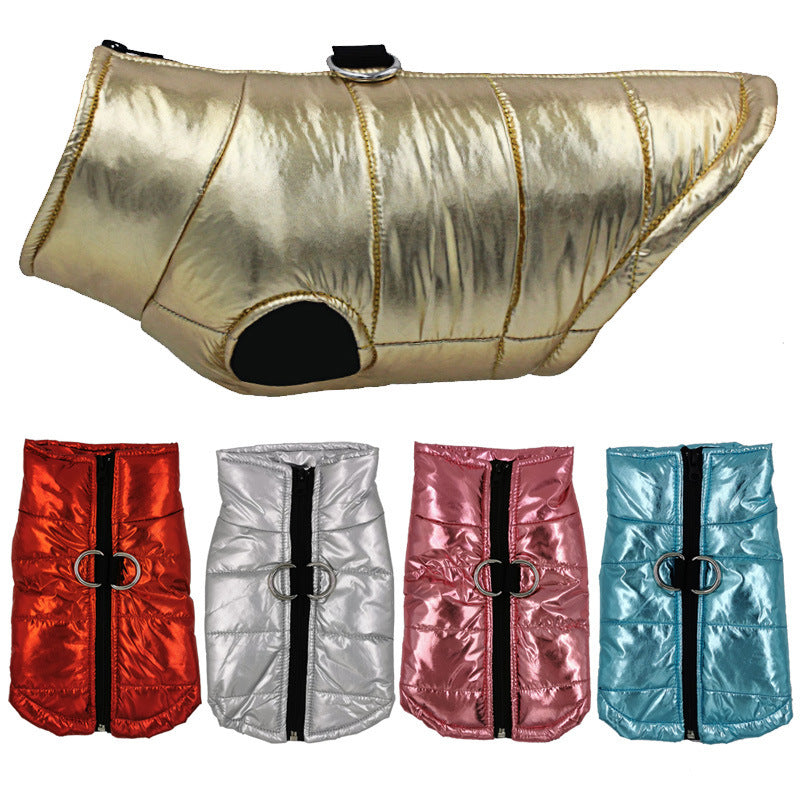 Metallic quilted puffer waterproof dog jacket in gold red silver pink and blue with front zipper and D ring