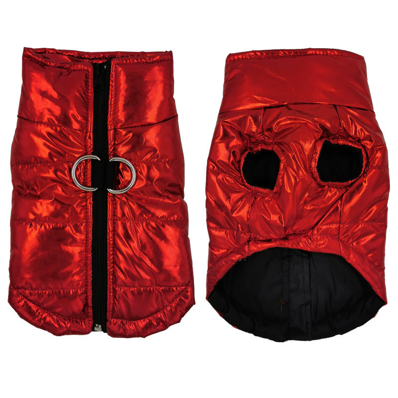 Red shiny puffer waterproof dog jacket with front zipper leash D rings and black quilted lining for rainy walks