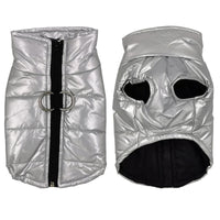 Silver metallic puffer waterproof dog jacket with front zipper and double D ring leash attachment two view