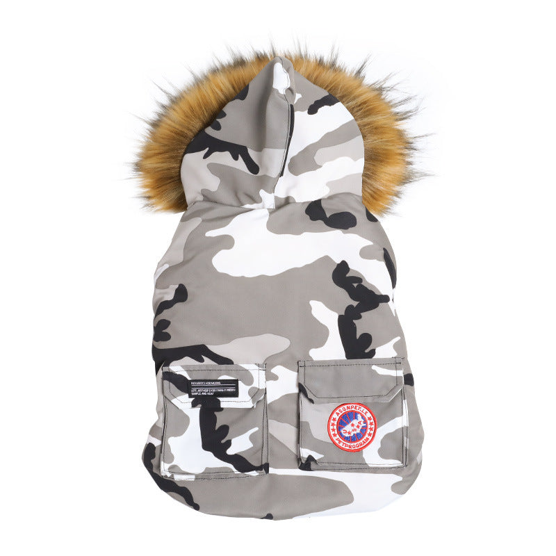 Furfamilyclub hooded parka with faux fur trim and pockets camouflage winter coat for dogs