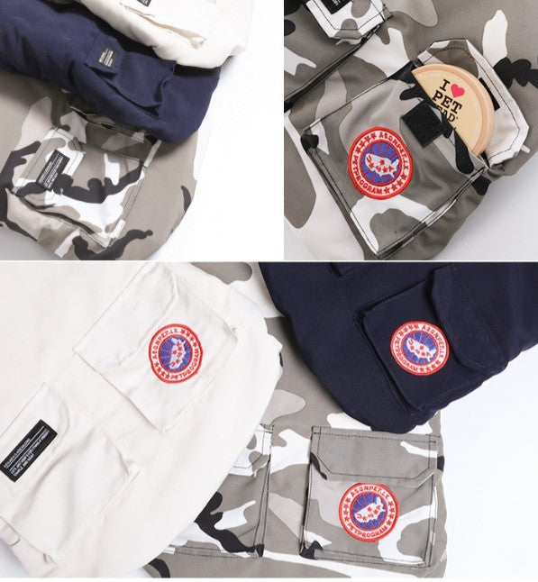 Furfamilyclub camouflage winter coat for dogs with multiple pockets red circular patch and navy hood