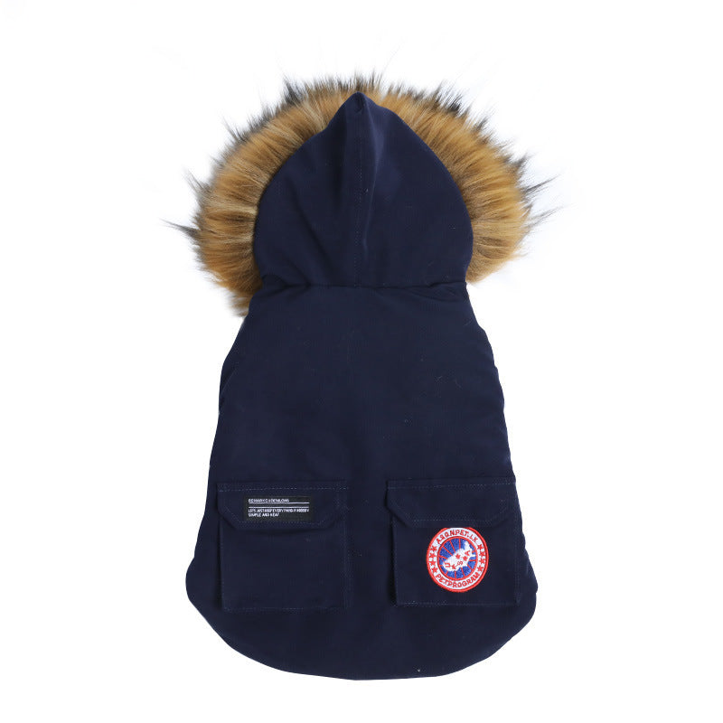 Furfamilyclub navy dog parka with faux fur hood and cargo pockets camouflage winter coat for dogs