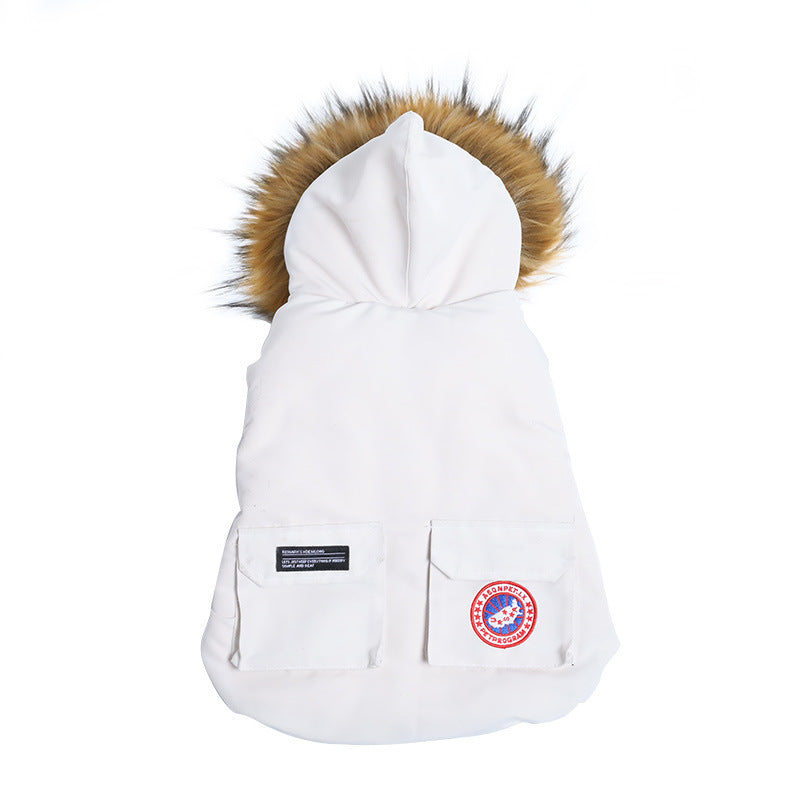 Furfamilyclub white dog parka with faux fur hood and dual pockets camouflage winter coat for dogs