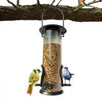 Pet Bird Feeder Feed Station with clear seed container and two small birds perched feeding