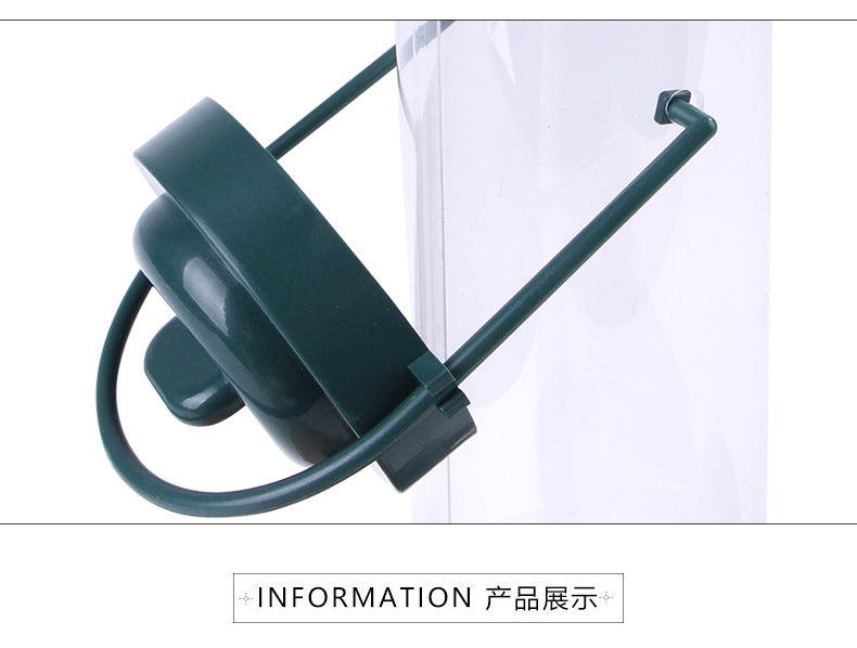 Pet Bird Feeder Feed Station with green curved hanger and feeding cup attached to clear tube