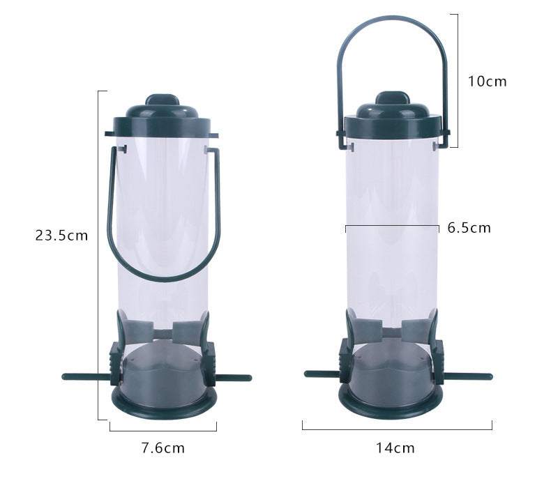 Clear plastic Pet Bird Feeder Feed Station with black lid and handle showing dimensions for outdoor use