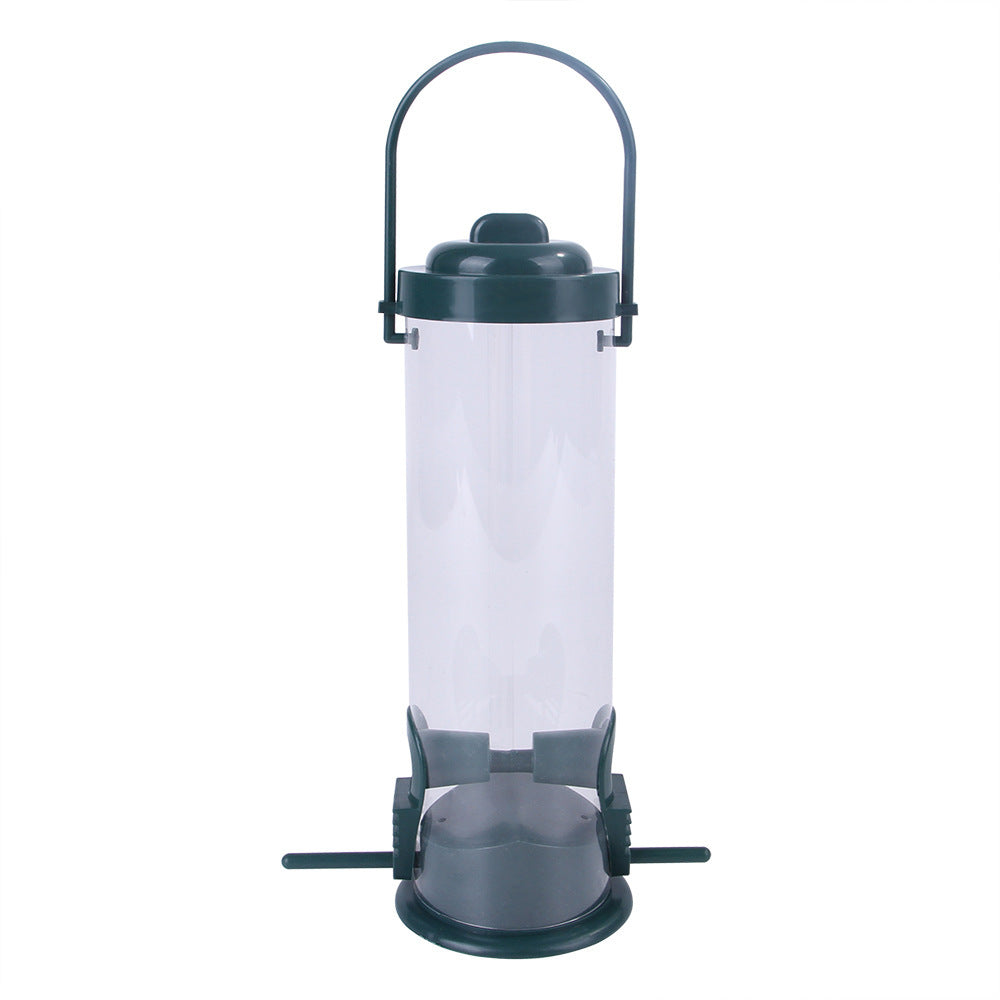 Clear and green Pet Bird Feeder Feed Station with multiple feeding ports and hanging handle for outdoor use