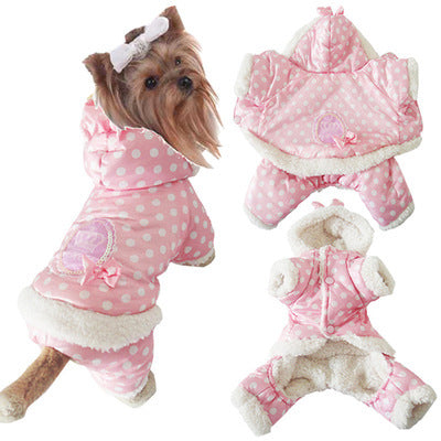 Pink polka dot dog jacket with fur lining and cute hood for stylish pet outfits