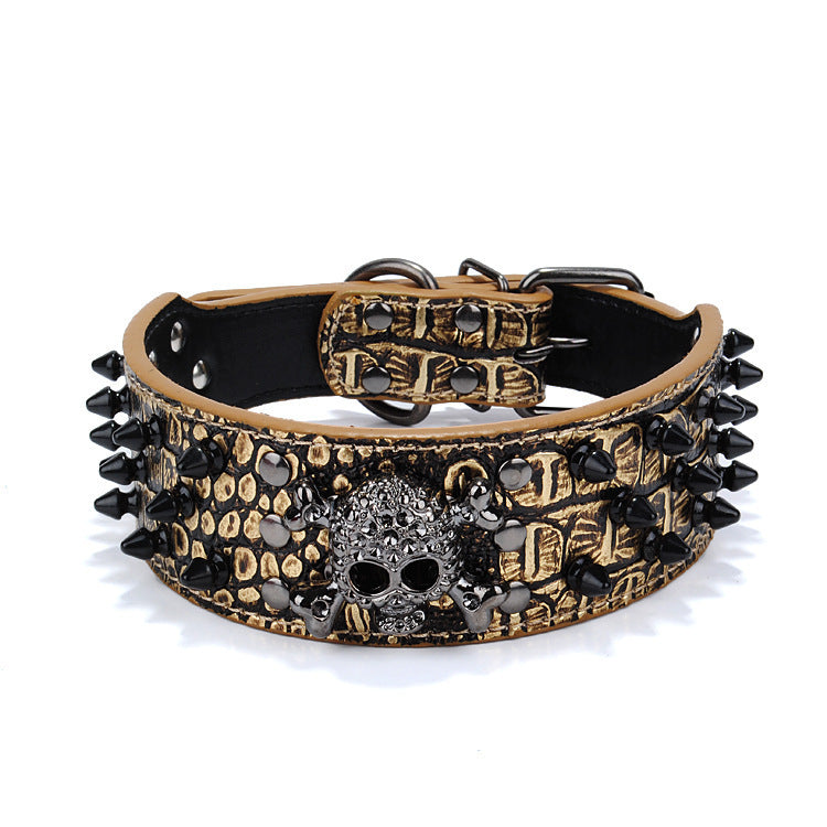 Round Head Nail Dog Collar with black spikes and skull decoration on textured brown leather