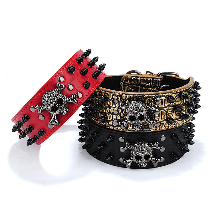 Round Head Nail Dog Collar in red, black, and gold with skull studs for edgy pet style