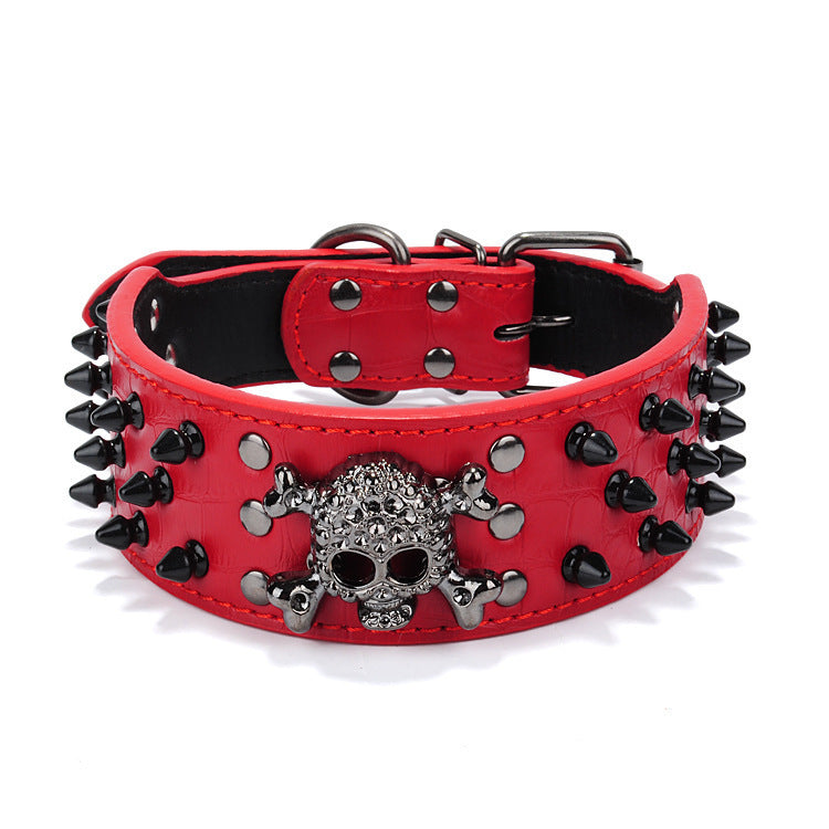 Red Round Head Nail Dog Collar with black spikes and skull decoration for pet comfort