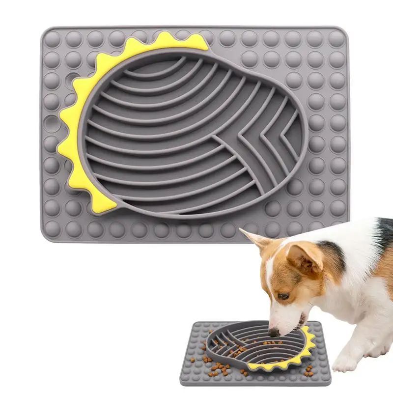 Furfamilyclub Slow Feeder Dog Bowls in gray and yellow with raised ridges and non-slip base with dog eating