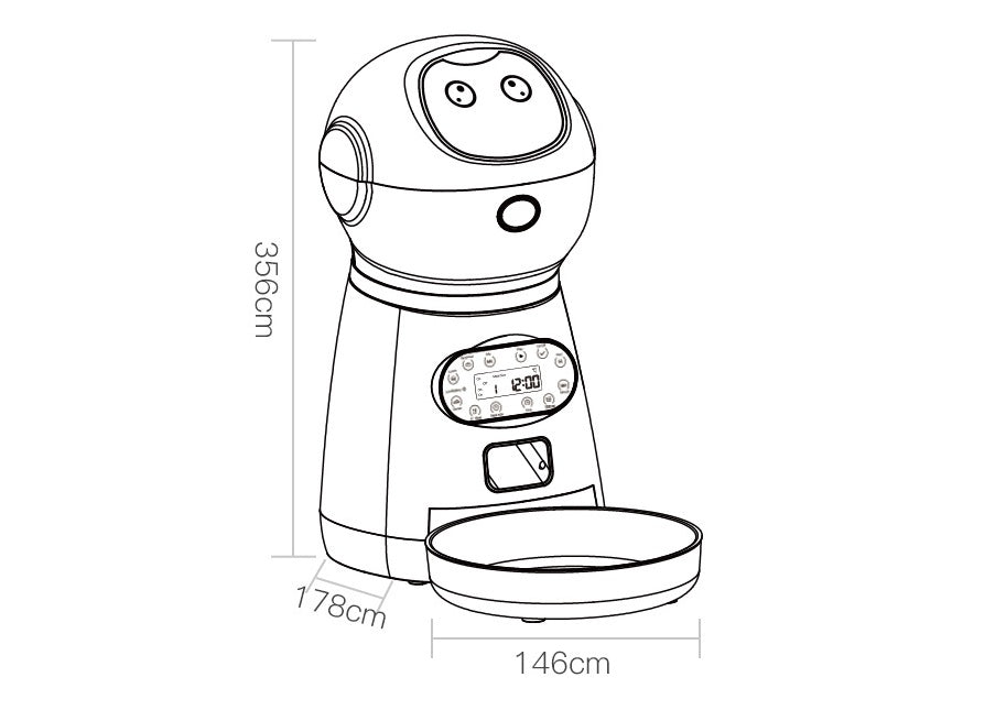 Line drawing of a Smart Pet Food Dispenser with digital display and feeding bowl, showing dimensions