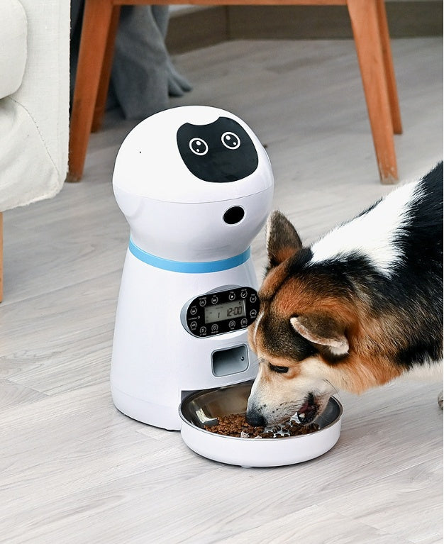 Smart Pet Food Dispenser with digital display and bowl feeding a dog indoors on wooden floor