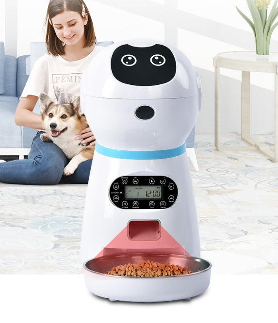 Smart Pet Food Dispenser with digital display and cute robot design dispensing dry pet food in bowl