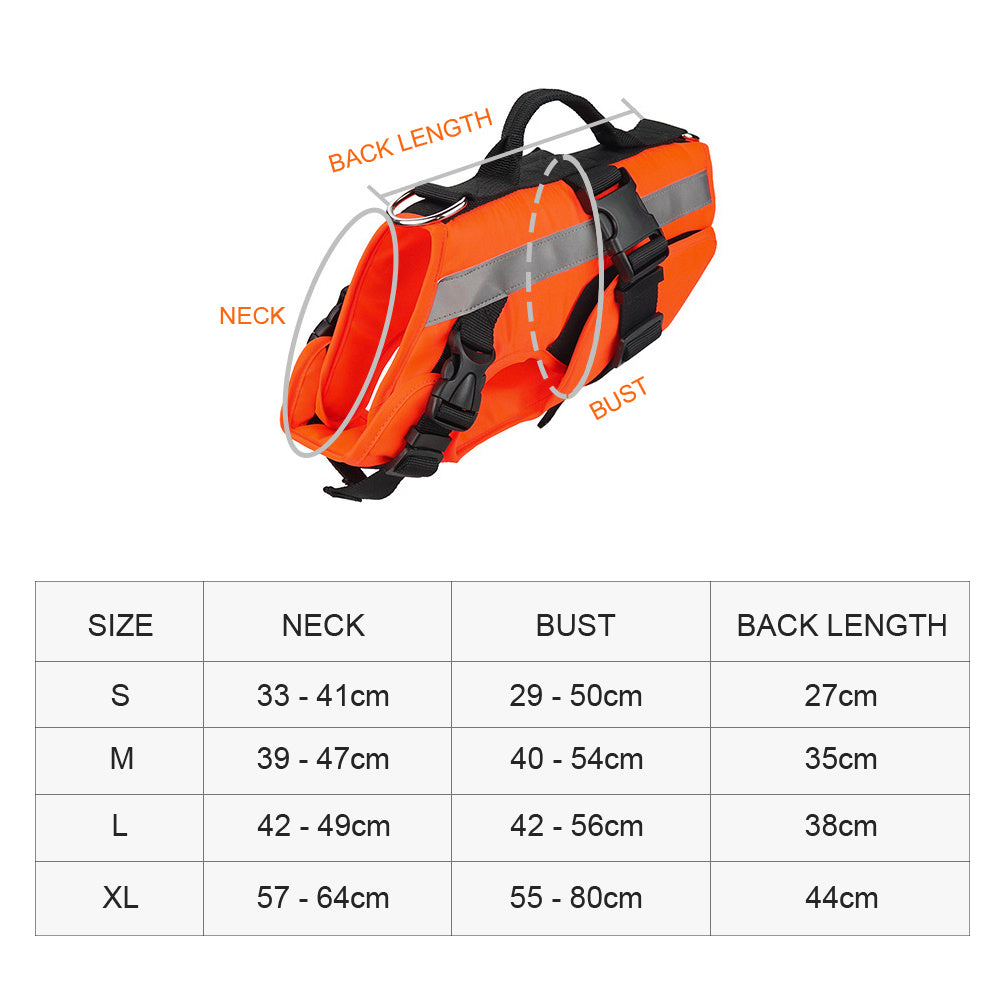 Reflective Dog Life Jacket Vest orange with top handle and buckles shown with size chart for S M L XL