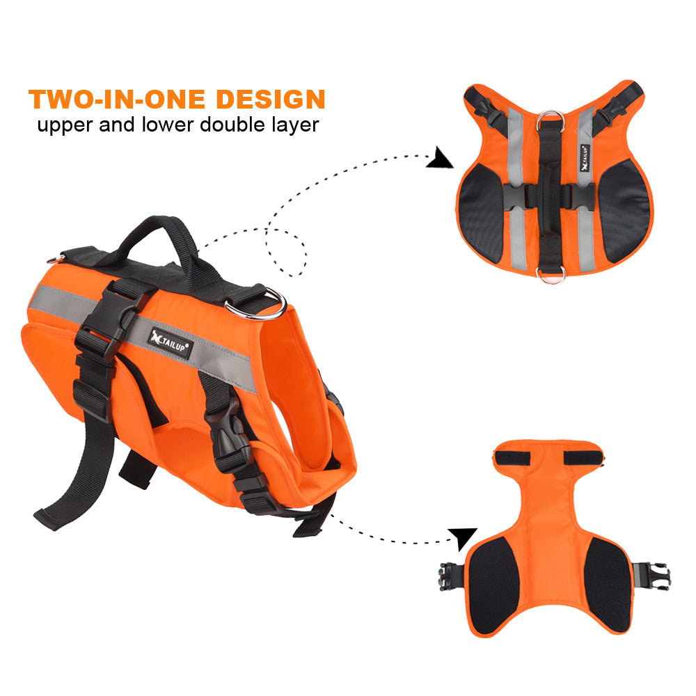 Reflective Dog Life Jacket Vest orange two in one design with sturdy handle reflective strips and adjustable safety buckles