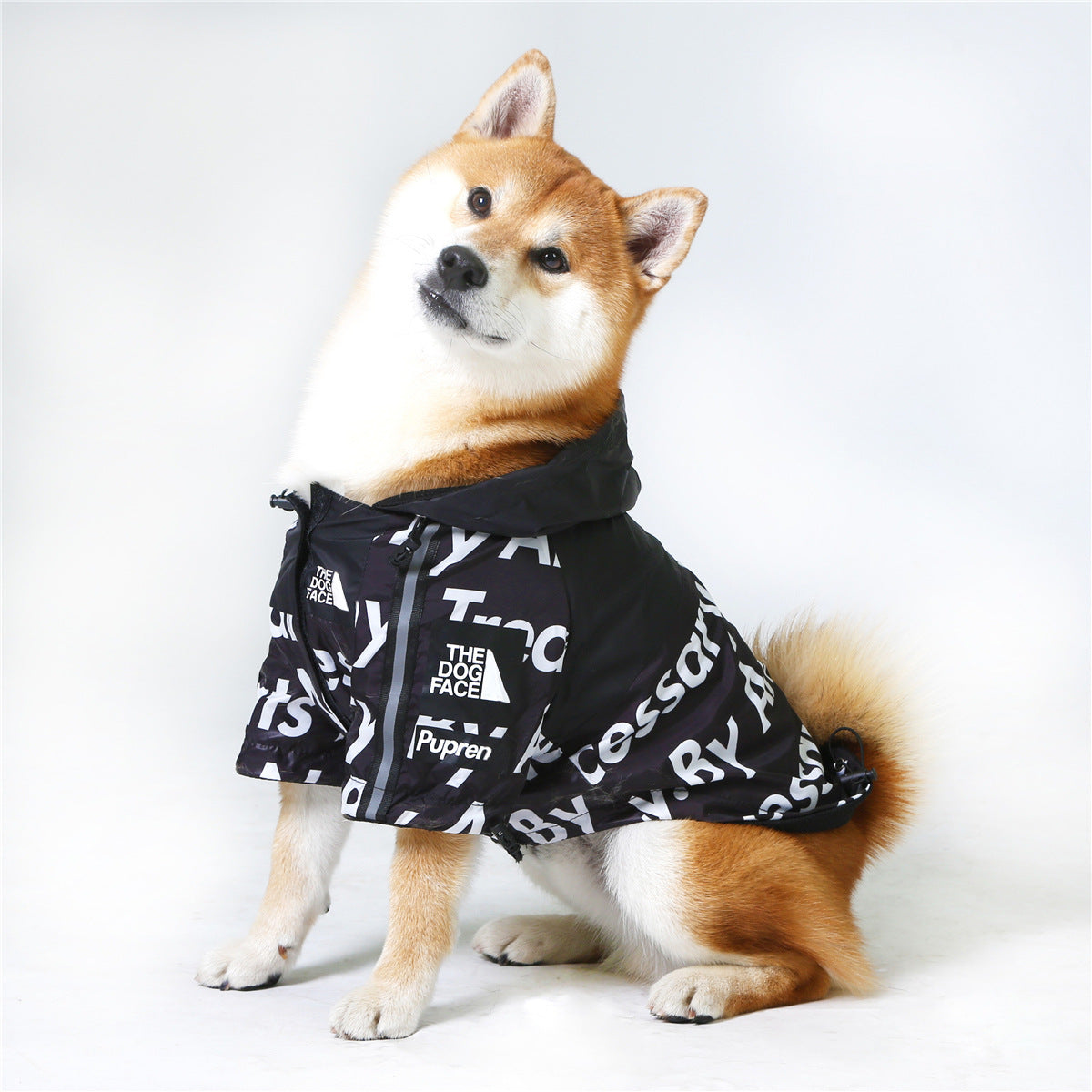 Shiba Inu in Furfamilyclub black hooded windproof dog jacket with white logo and bold typographic pattern sitting