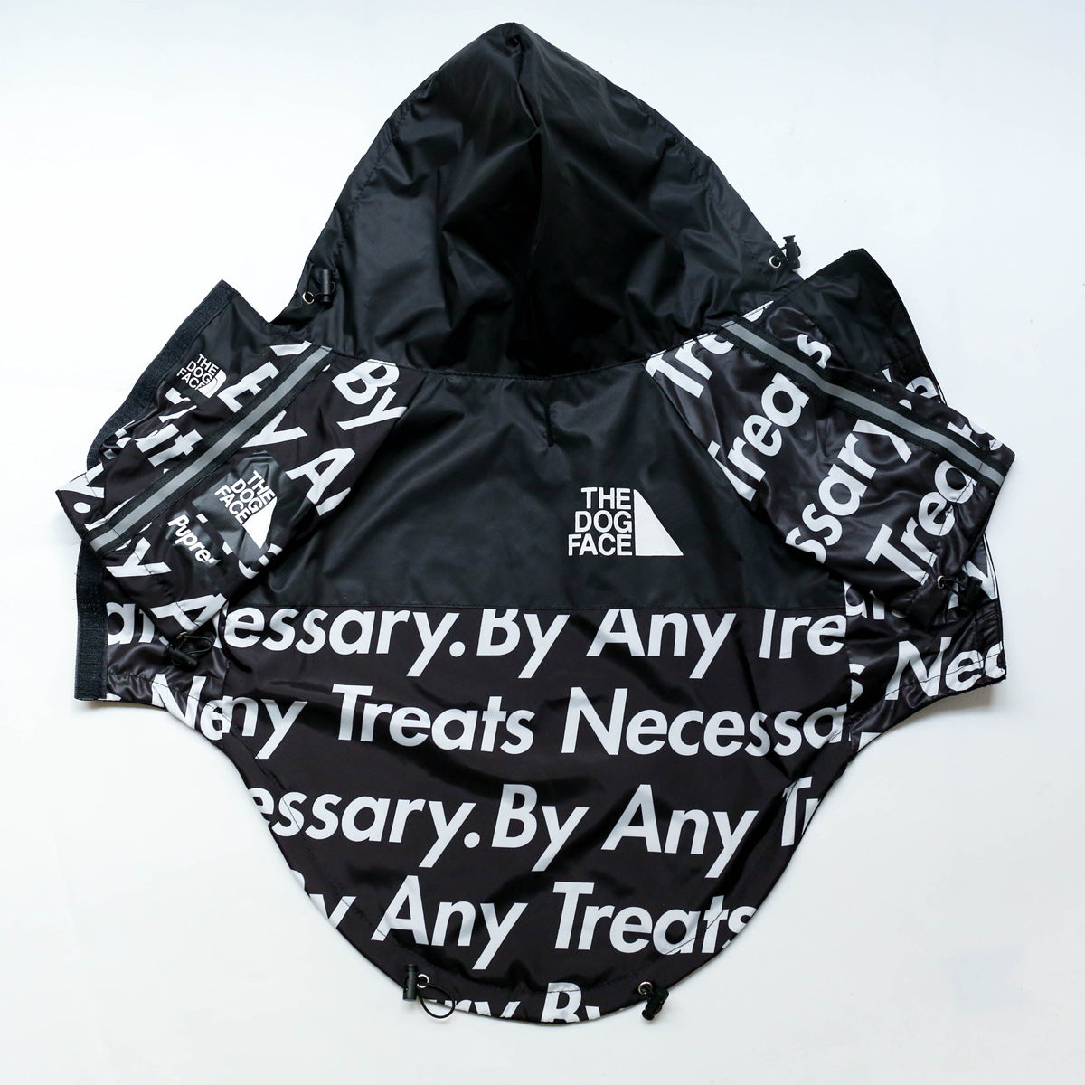 Black hooded windproof dog jacket with white slogan print The Dog Face logo adjustable drawstrings for secure fit