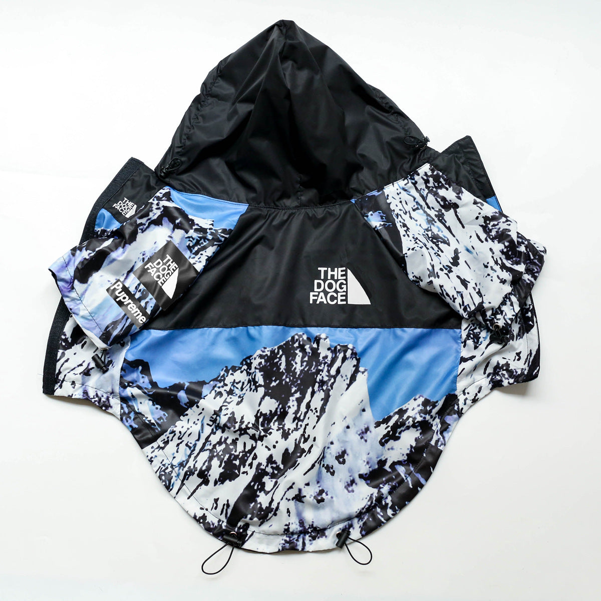 Furfamilyclub hooded windproof dog jacket with mountain print blue and black for outdoor walks