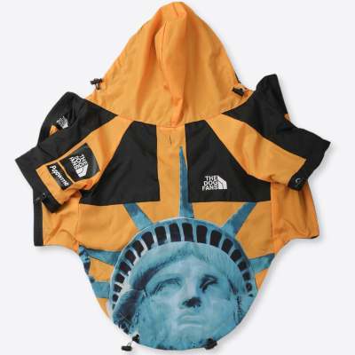 Orange and black hooded windproof dog jacket with Statue of Liberty print adjustable drawstrings Furfamilyclub