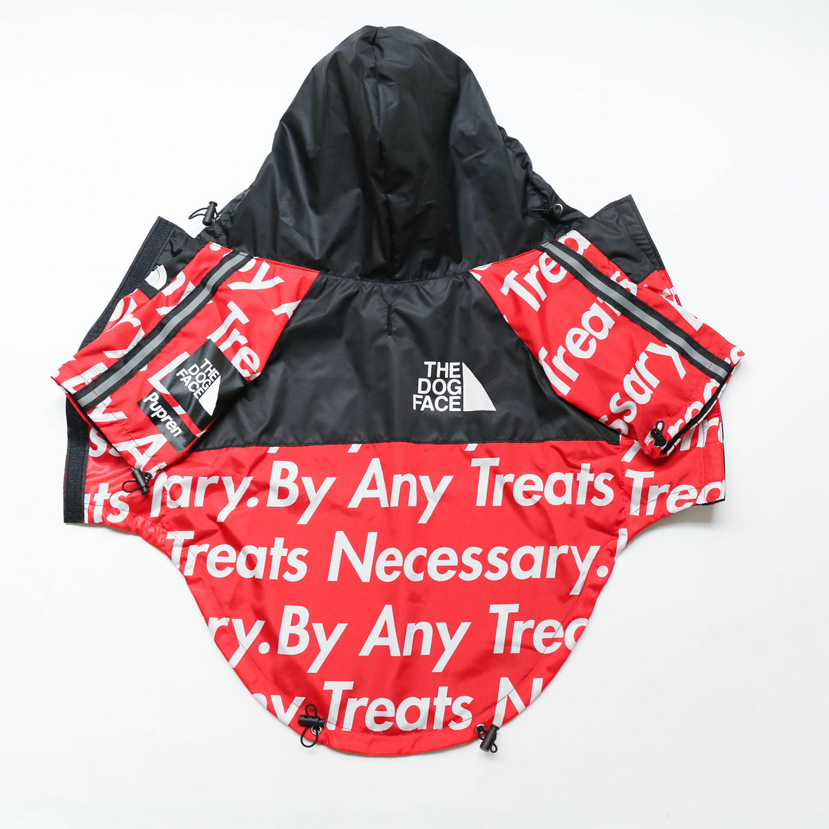 Furfamilyclub windproof dog jacket red and black hooded coat with bold white Treats print and adjustable drawstrings