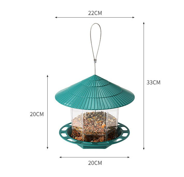 Transparent Bird Feeder with green roof and multiple feeding ports for outdoor bird feeding