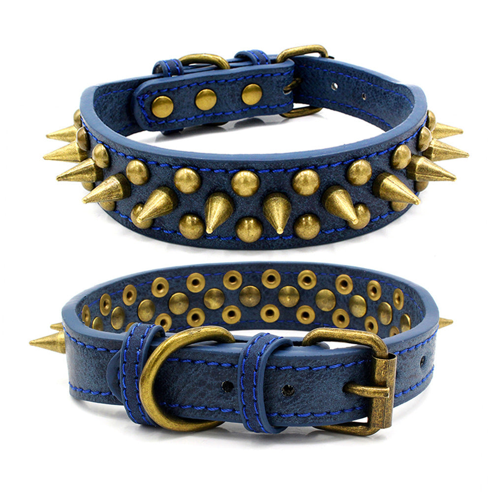 Blue spiked leather dog collar with brass cone studs and antique brass buckle adjustable for medium to large dogs