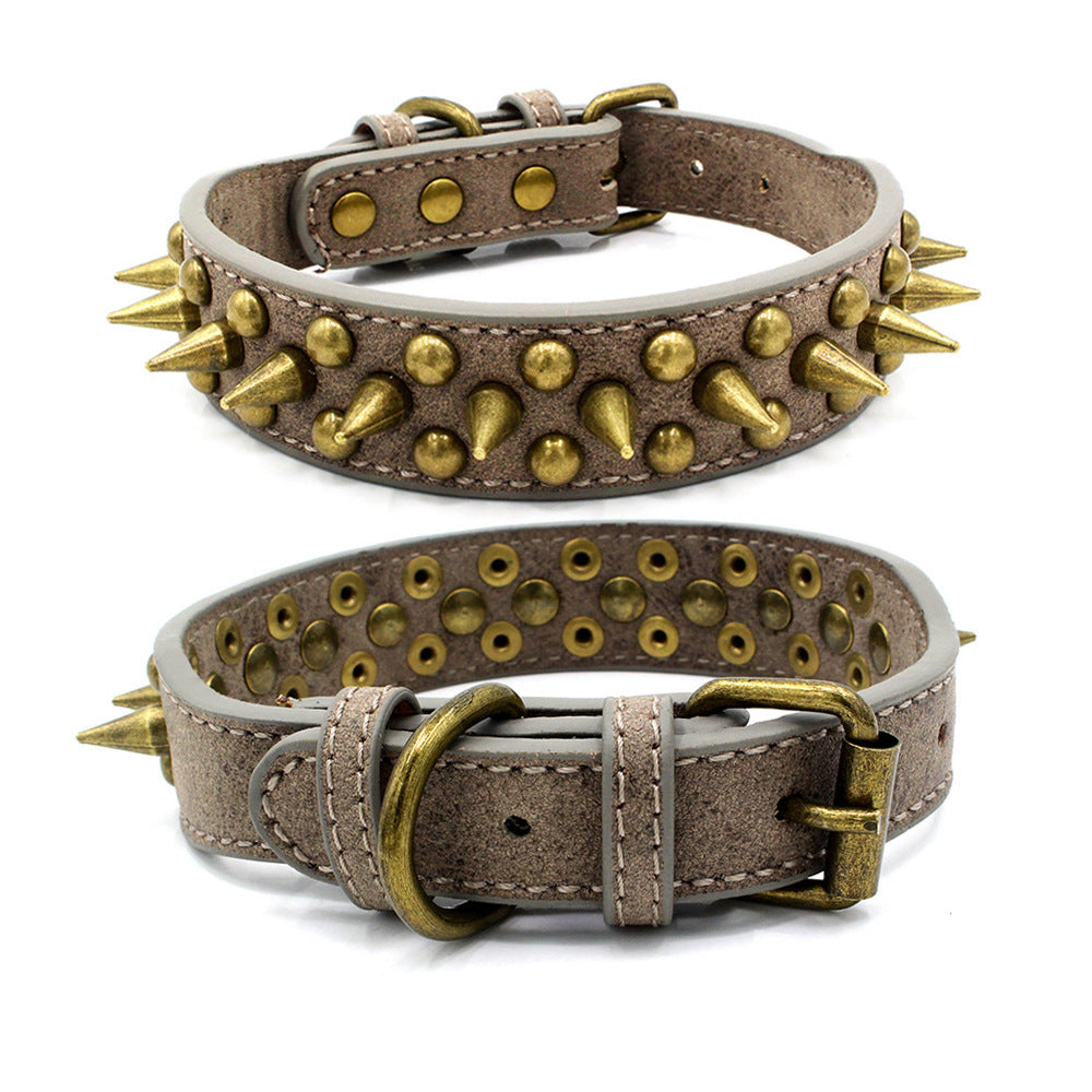 spiked leather dog collar beige suede with brass cone spikes and studs adjustable buckle and D ring