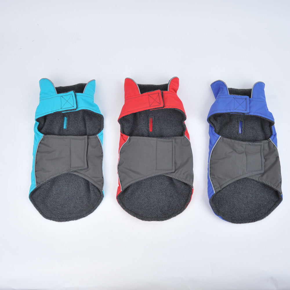 Three vest jacket dog clothes in blue, red, and purple colors with gray fleece lining for pet comfort