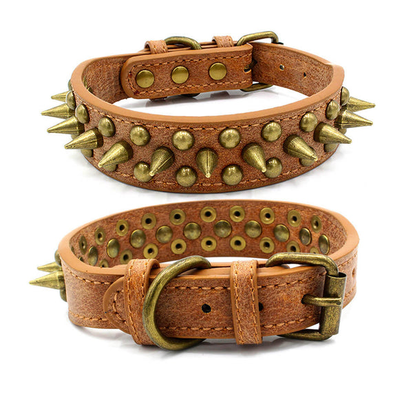Brown leather pet collars with brass spikes and studs featuring adjustable buckle closures