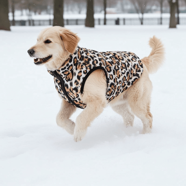 Black and white dog wearing bright orange dog jackets standing next to a pool