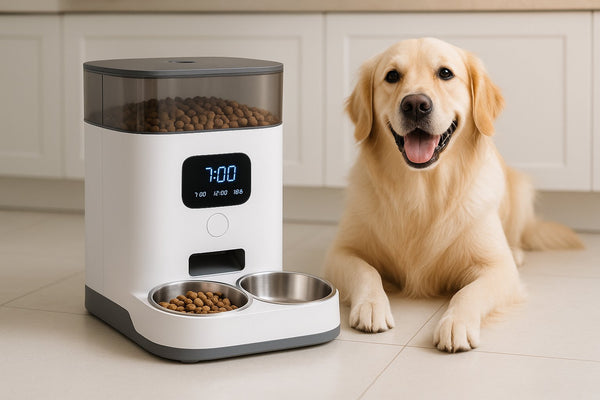 Automatic pet feeder dispensing food into bowl with happy golden retriever lying beside it pet feeders