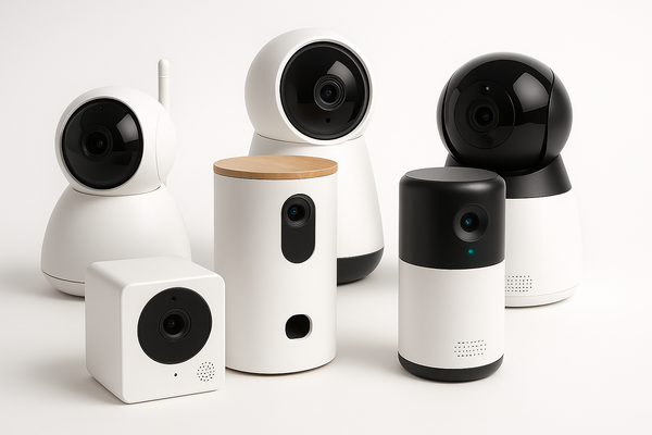 Collection of modern pet cameras in various shapes and sizes with black and white designs