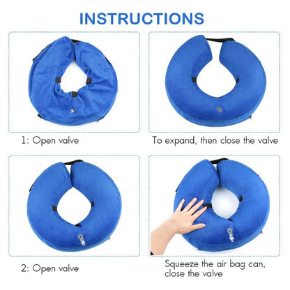 Inflatable Protective Cover for pets in blue color shown in four-step instruction guide. Ideal for dogs and cats to prevent licking or scratching.