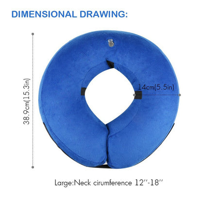 Inflatable Protective Cover for pets in blue with velcro closure, measuring 38.9cm x 14cm, fits neck circumference 12''–18''. Ideal for dogs and cats.