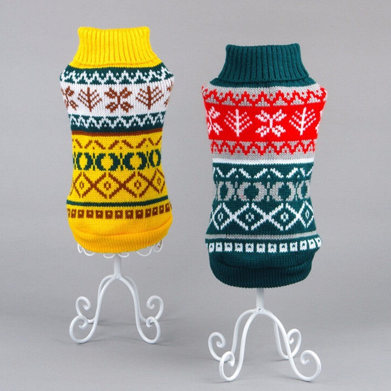 Colorful winter dog sweater set in red, green, yellow, and blue patterns for stylish pet outfits