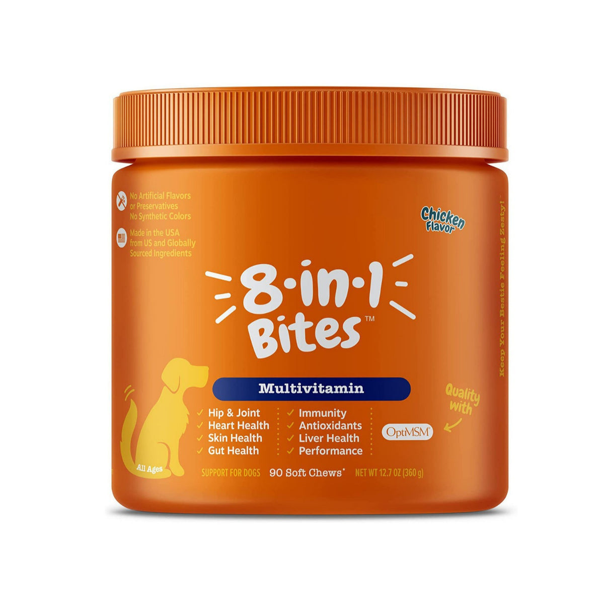Orange jar of 8-in-1 Bites Multivitamin for dogs on a white background