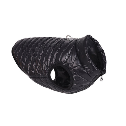 Black quilted dog coat on a white background
