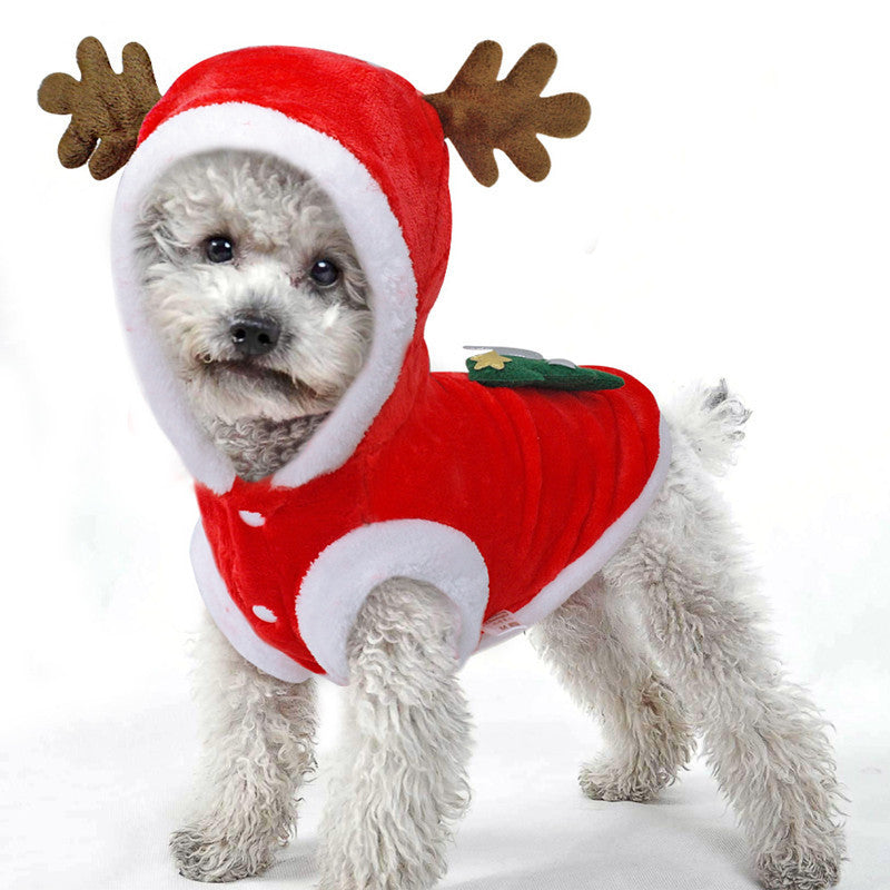 Cute Christmas dog hoodie in red with reindeer antlers for festive pet outfits