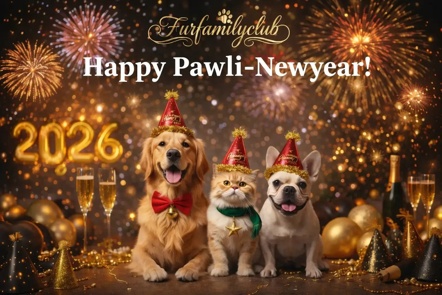 Three dogs in festive hats with fireworks and 'Furfamilyclub' text celebrating New Year's Eve.